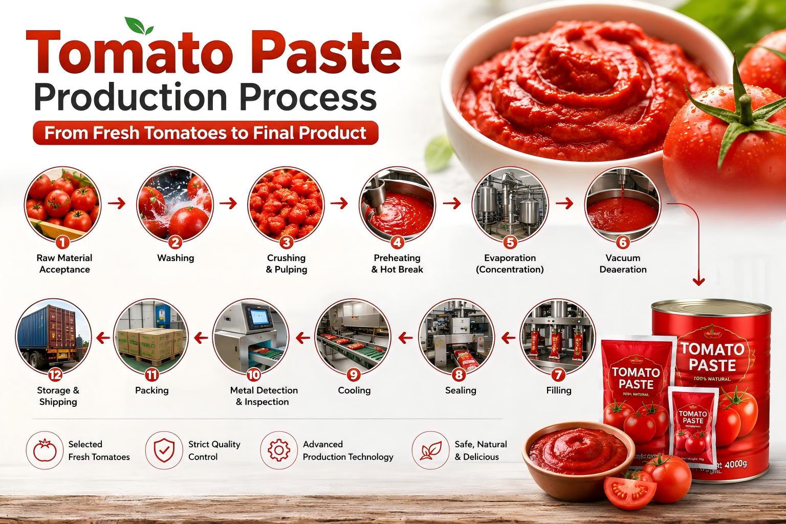 Processo di produzione del concentrato di pomodoro: dai pomodori freschi al prodotto finito
